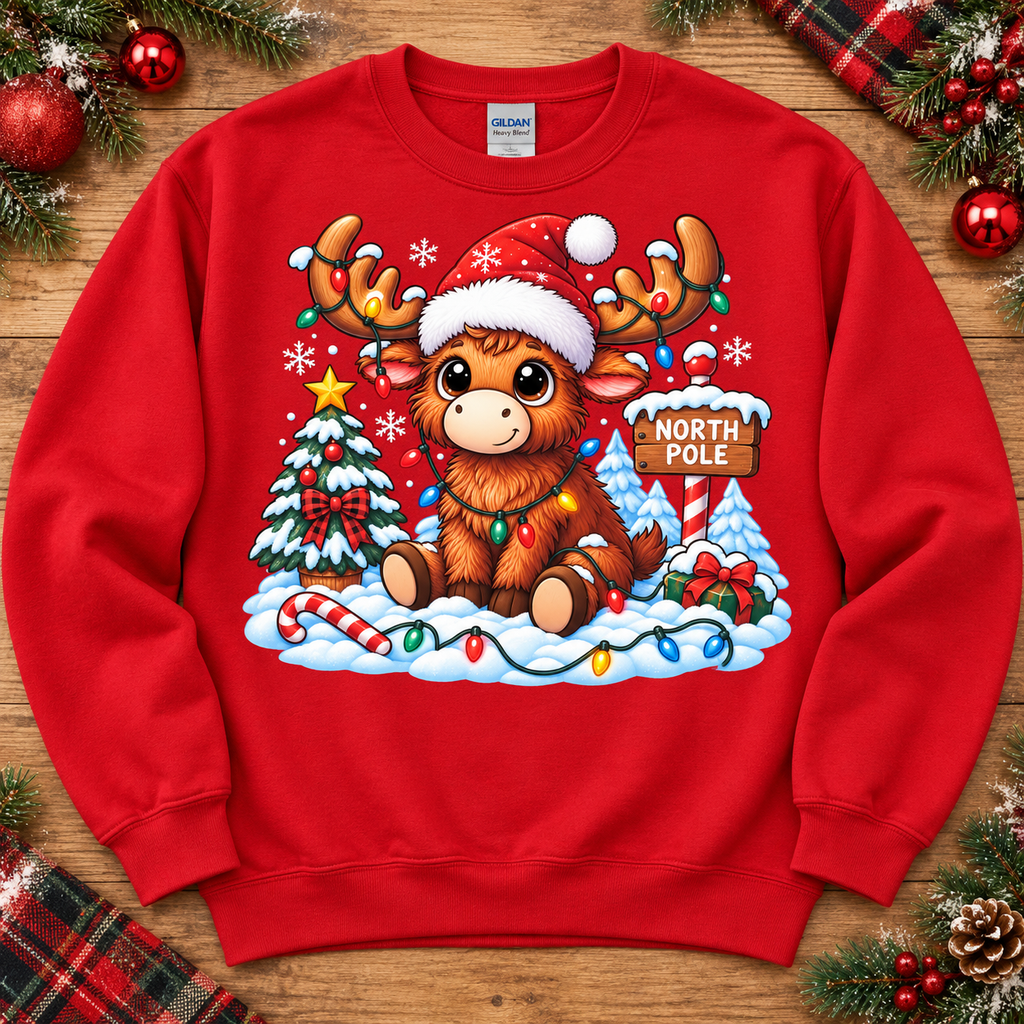 North Pole reindeer Christmas design on red crewneck