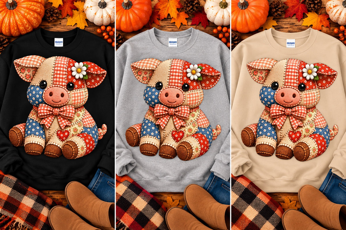 Patchwork pig fall crewneck sweatshirt in black, gray, and sand