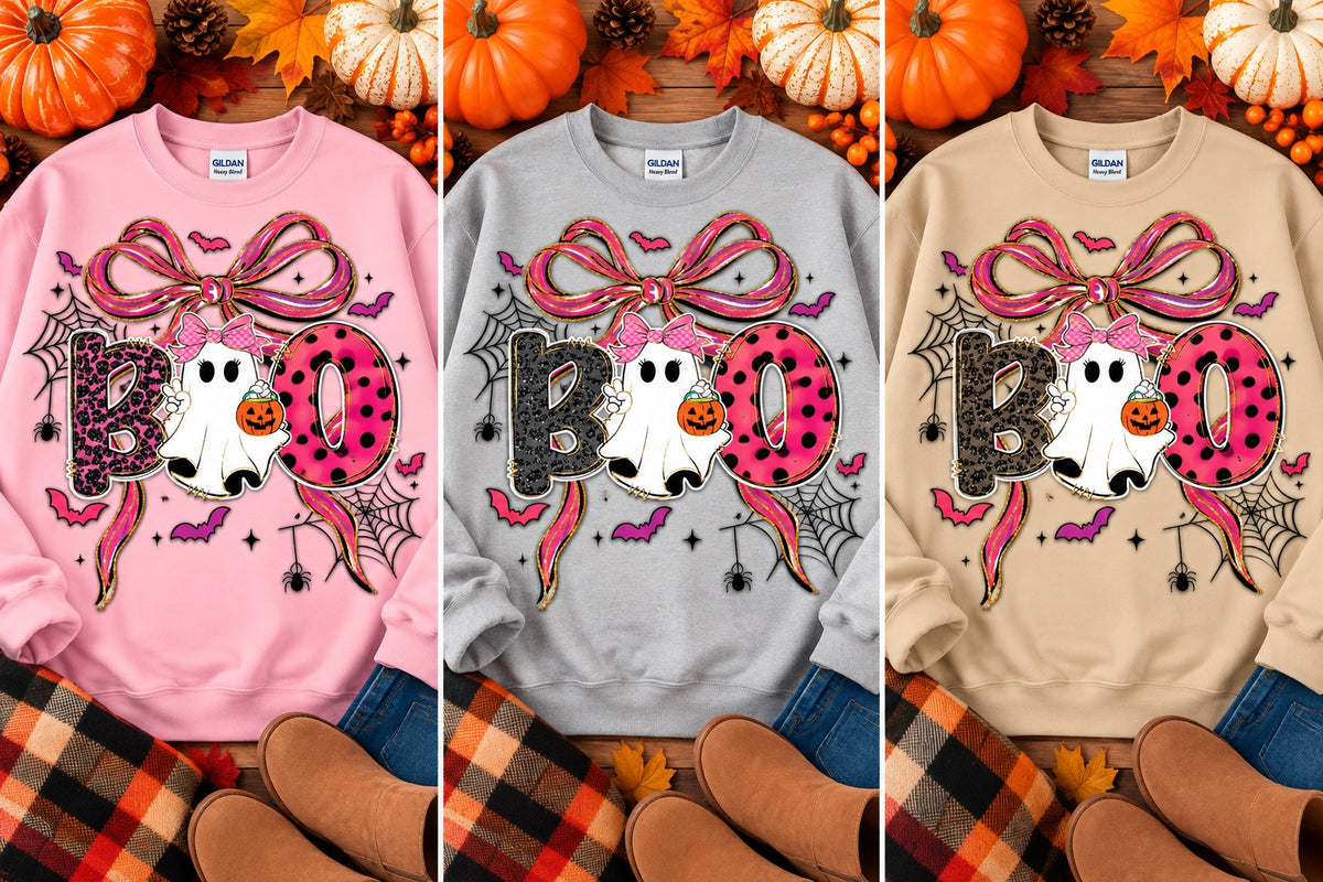 BOO bow ghost Halloween crewneck sweatshirt in pink, gray, and sand