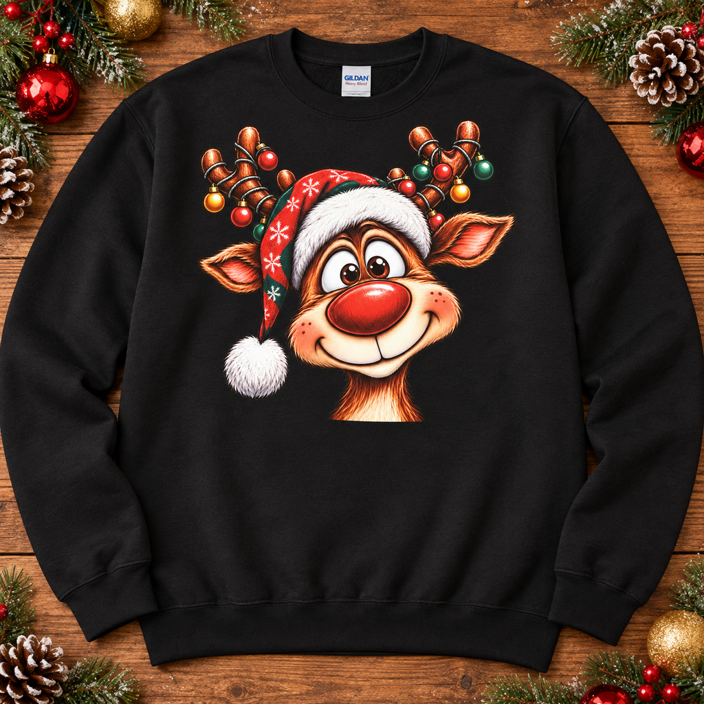 Smiling red-nosed reindeer face Christmas crewneck in Black