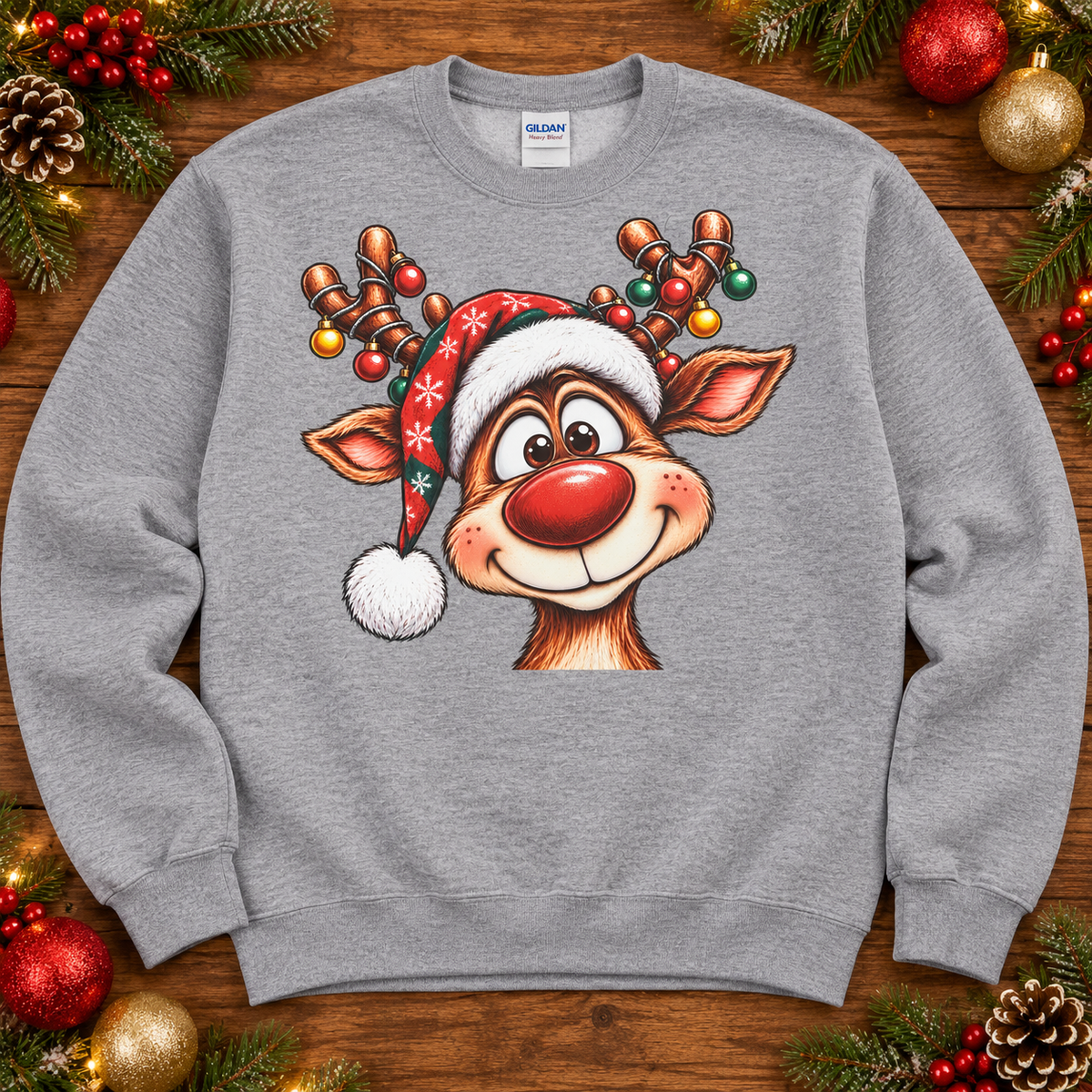 Smiling red-nosed reindeer face Christmas crewneck in Gray