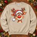 Smiling red-nosed reindeer face Christmas crewneck in Sand