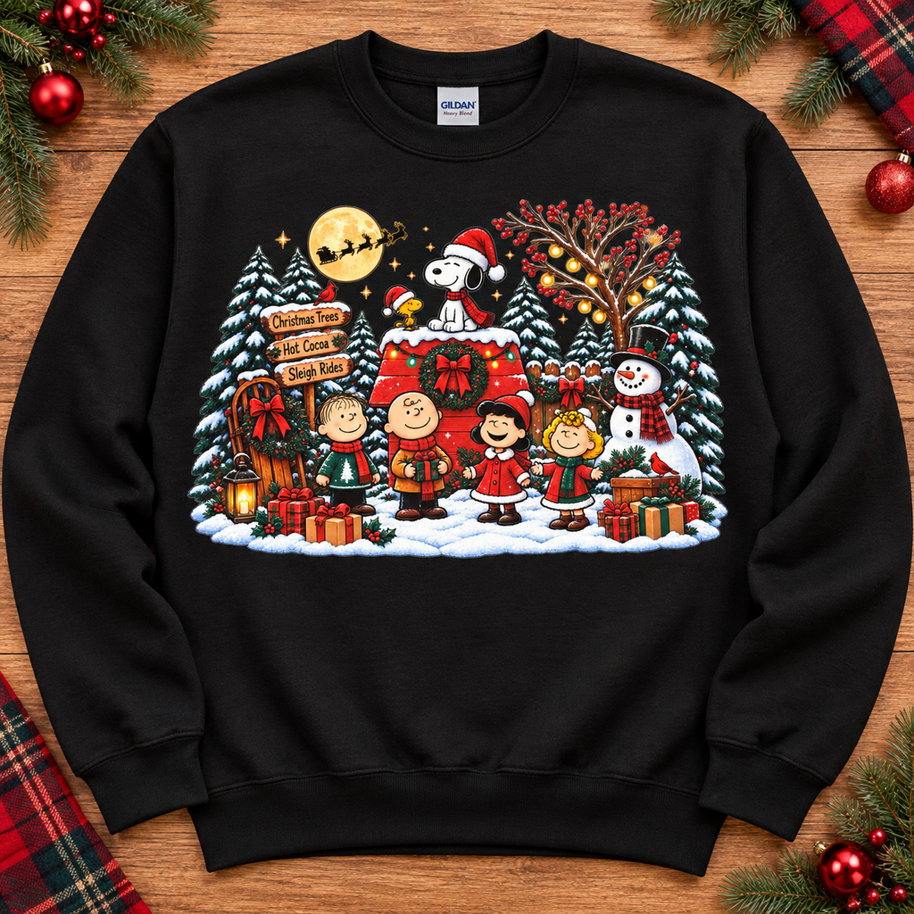 Snoopy and friends Christmas scene on black crewneck