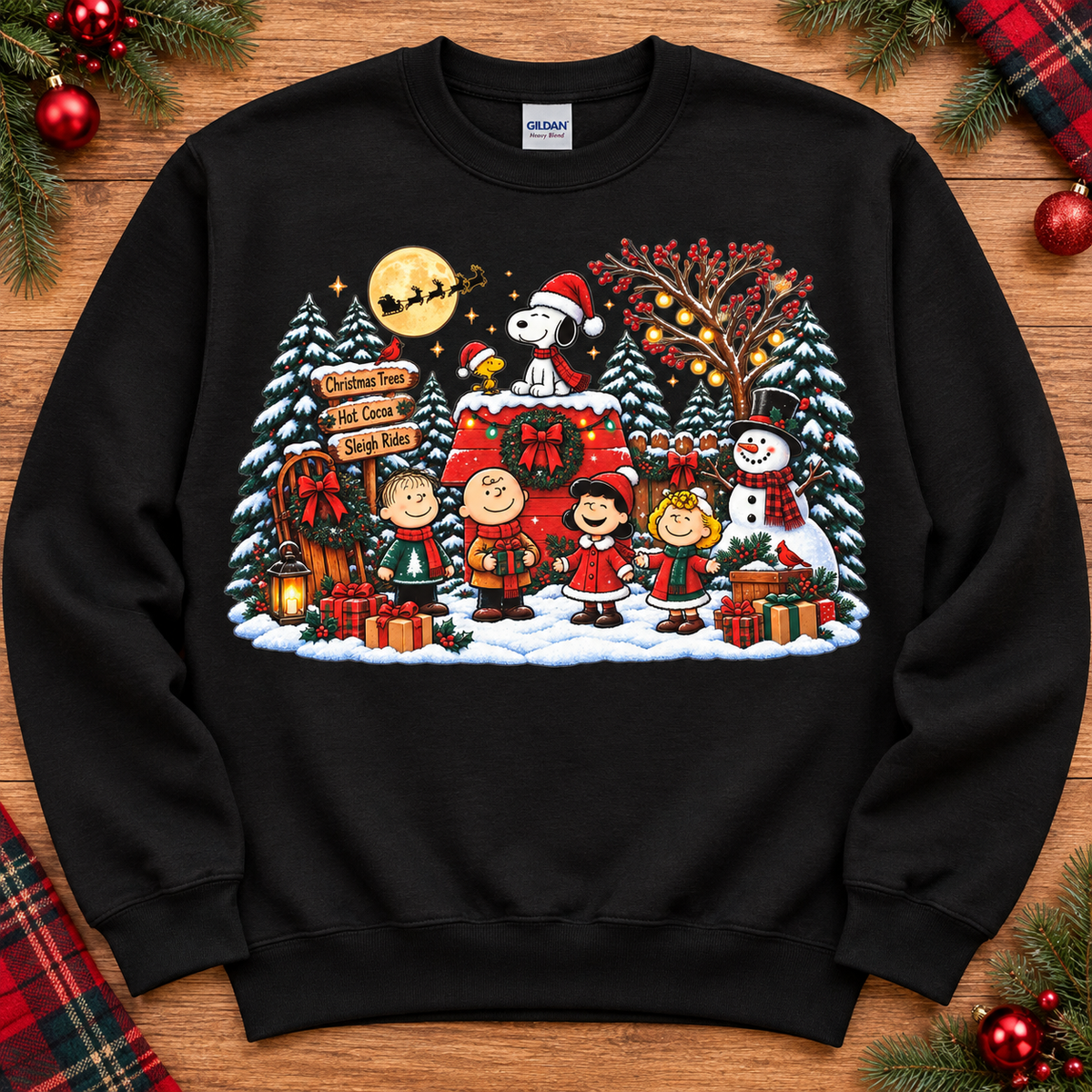Snoopy and friends Christmas scene on black crewneck