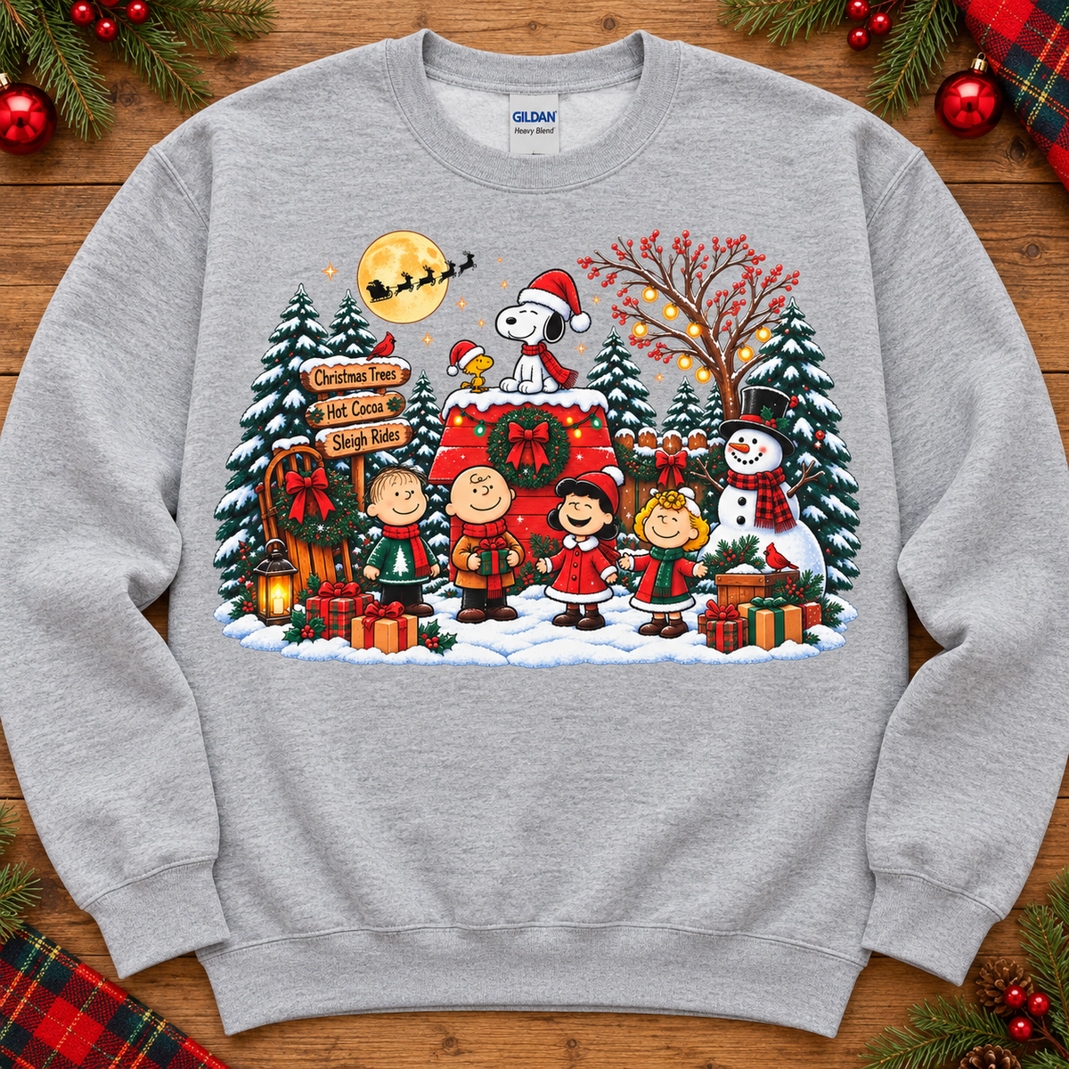 Snoopy and friends Christmas scene on athletic gray crewneck