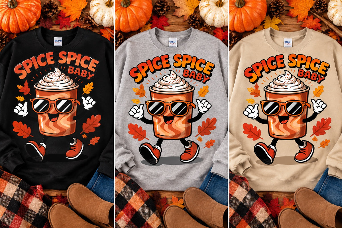 Spice Spice Baby fall crewneck sweatshirt in black, gray, and sand