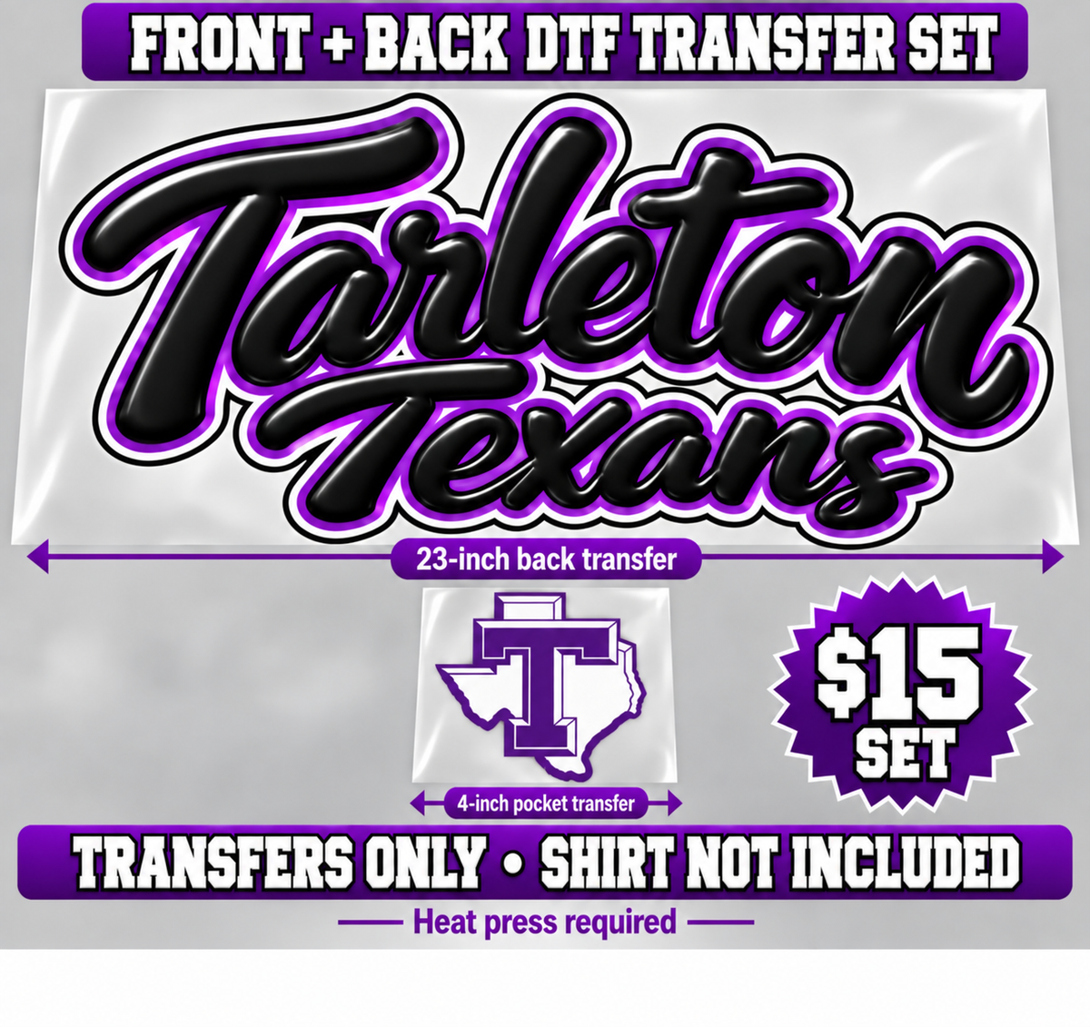 Tarleton Texans purple front and back DTF transfer set
