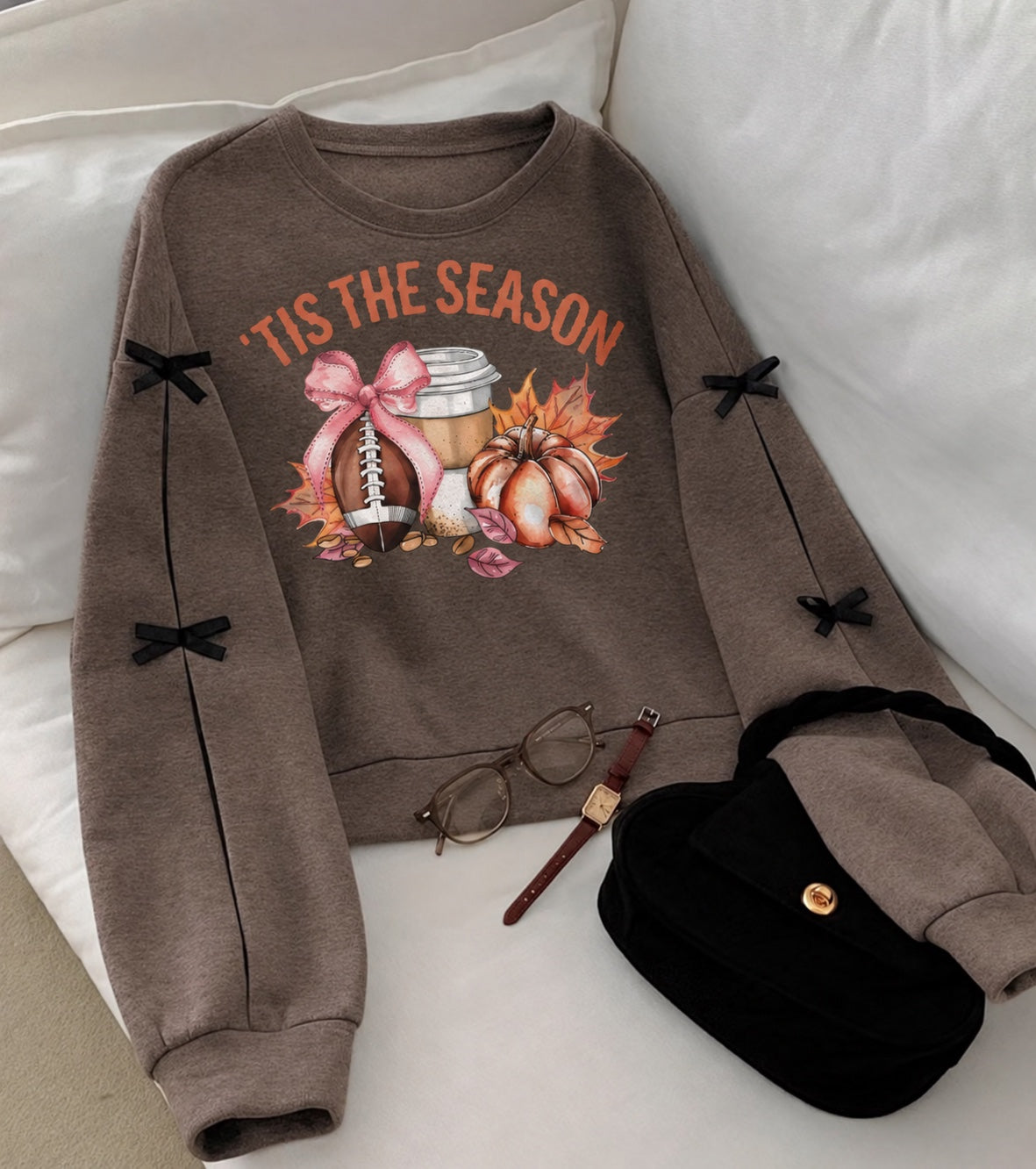 'Tis the Season brown cropped bow crewneck sweatshirt
